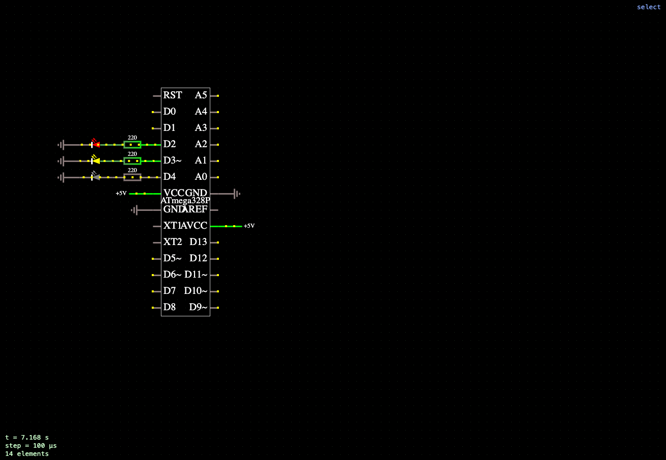 Светофор на трёх светодиодах (ATmega328P / Arduino) онлайн