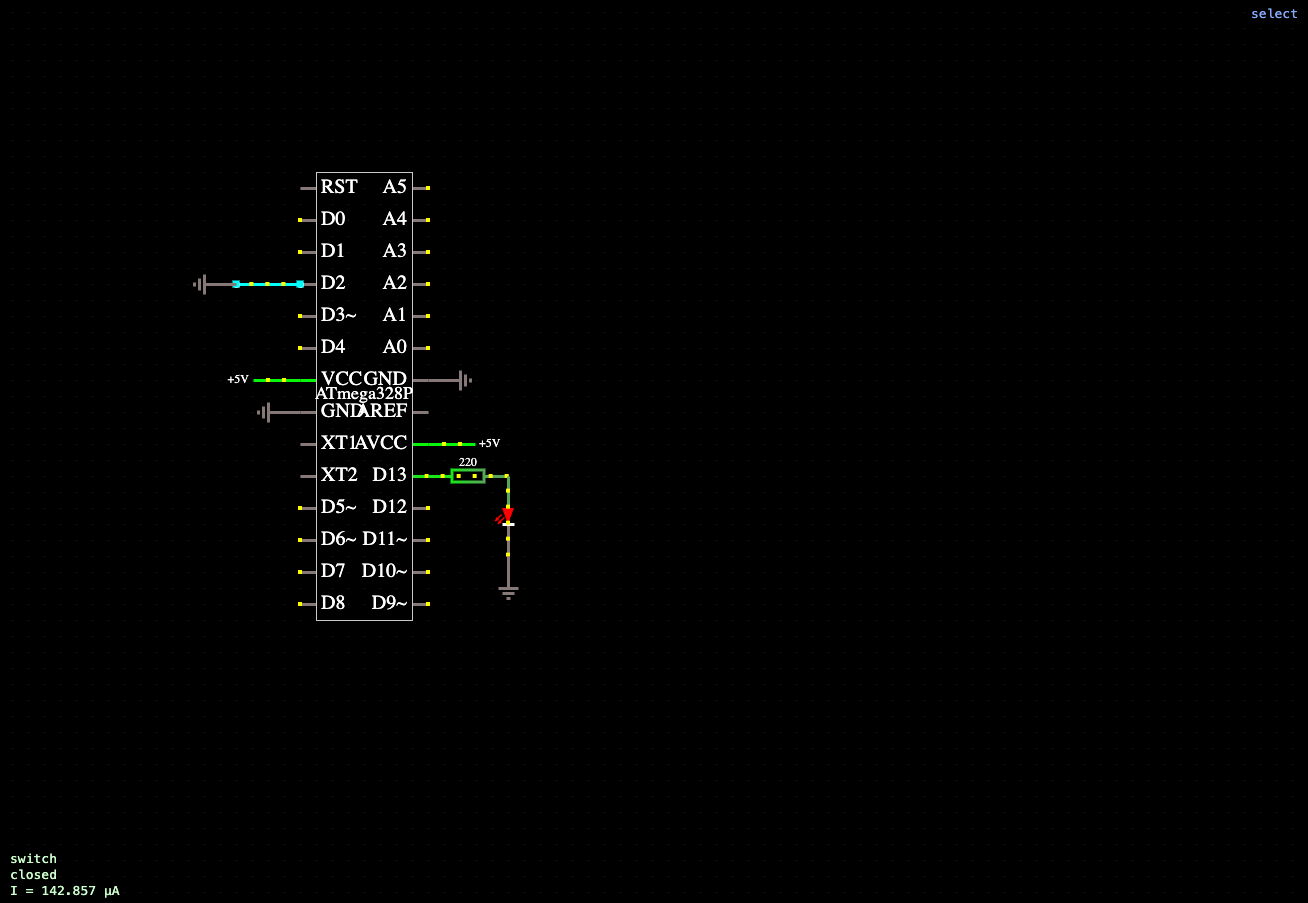 Управление светодиодом кнопкой (INPUT_PULLUP) на ATmega328P онлайн