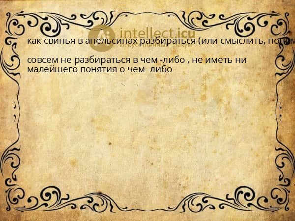 как свинья в апельсинах разбираться (или смыслить, понимать и т. п.) в чем