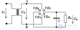 Двухполупериодный мостовой выпрямитель со сглаживающим емкостным фильтром