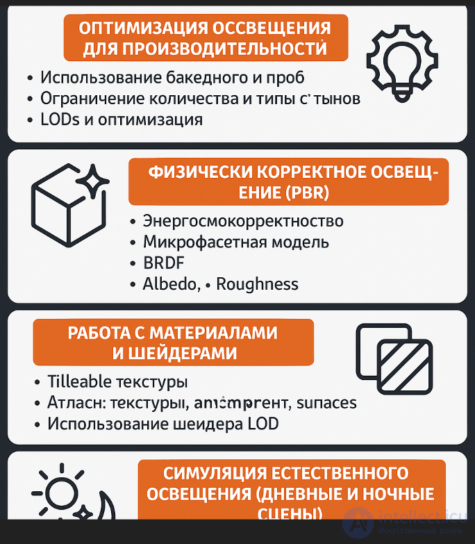 Модуль 4: Технические аспекты Оптимизация освещения для производительности  Физически корректное освещение (PBR)  Работа с материалами и шейдерами