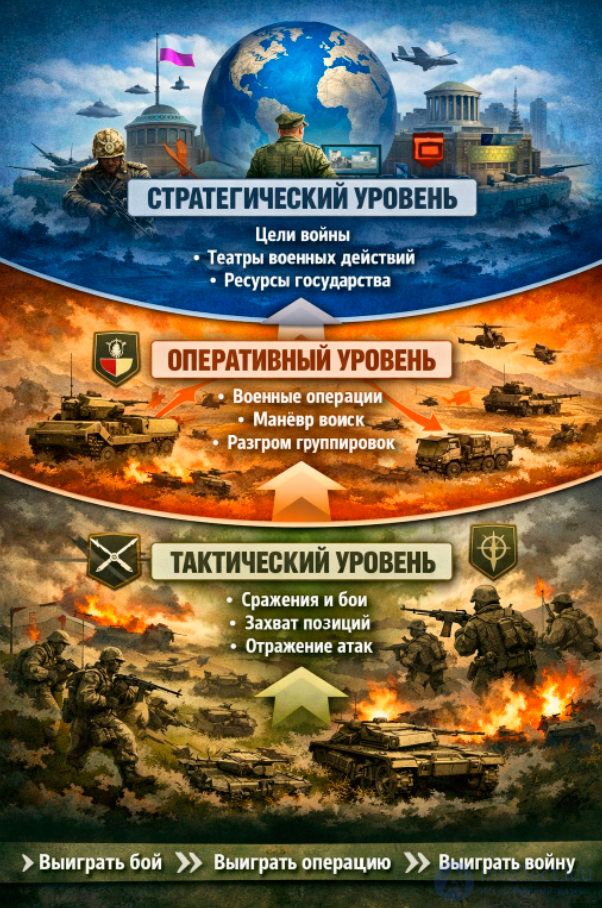 Уровни управления(просторы) и ведения войны: тактический, оперативный и стратегический.
