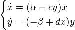 
	\begin{cases} 
	\dot x=(\alpha -c y)x\\
 \dot y=(-\beta+d x) y
 \end{cases}
 