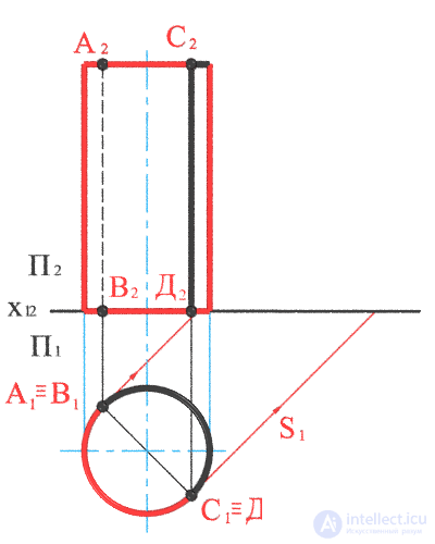 Построение тени цилиндра на эпюре.