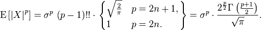 
    \operatorname{E}\left[\left|X\right|^p\right] =
      \sigma^p\,\left(p-1\right)!! \cdot \left.\begin{cases}
        \sqrt{\frac{2}{\pi}} & p=2n+1, \\
        1 & p=2n.
      \end{cases}\right\}
    = \sigma^p \cdot \frac{2^{\frac{p}{2}}\Gamma\left(\frac{p+1}{2}\right)}{\sqrt{\pi}}.
  