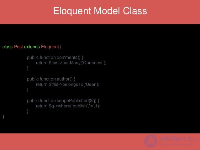Eloquent Model Class
class Post extends Eloquent {
public function comments() {
return $this->hasMany(‘Comment’);
}
public...
