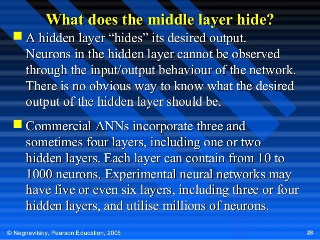 What does the middle layer hide?
 A hidden layer “hides” its desired output.
Neurons in the hidden layer cannot be observ...