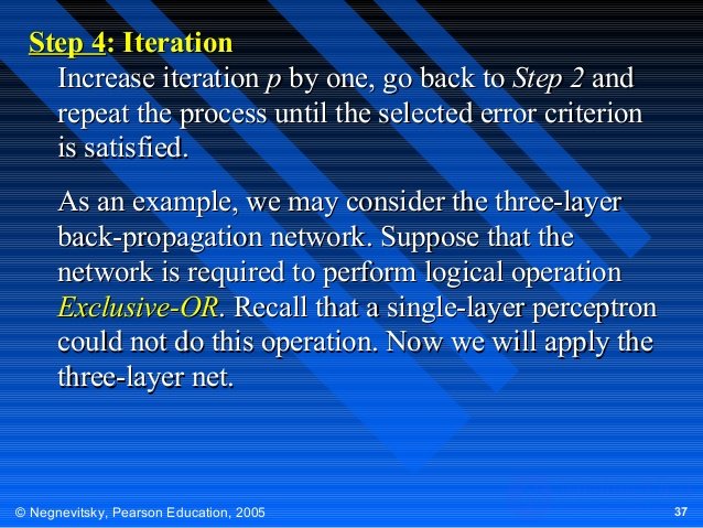 Step 4: Iteration
Increase iteration p by one, go back to Step 2 and
repeat the process until the selected error criterion...