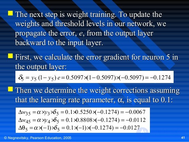  The next step is weight training. To update the
weights and threshold levels in our network, we
propagate the error, e, ...