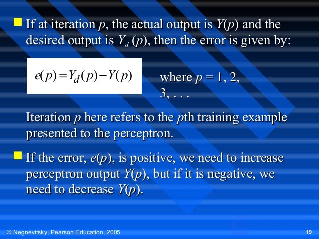  If at iteration p, the actual output is Y(p) and the
desired output is Yd (p), then the error is given by:

e( p) = Yd (...